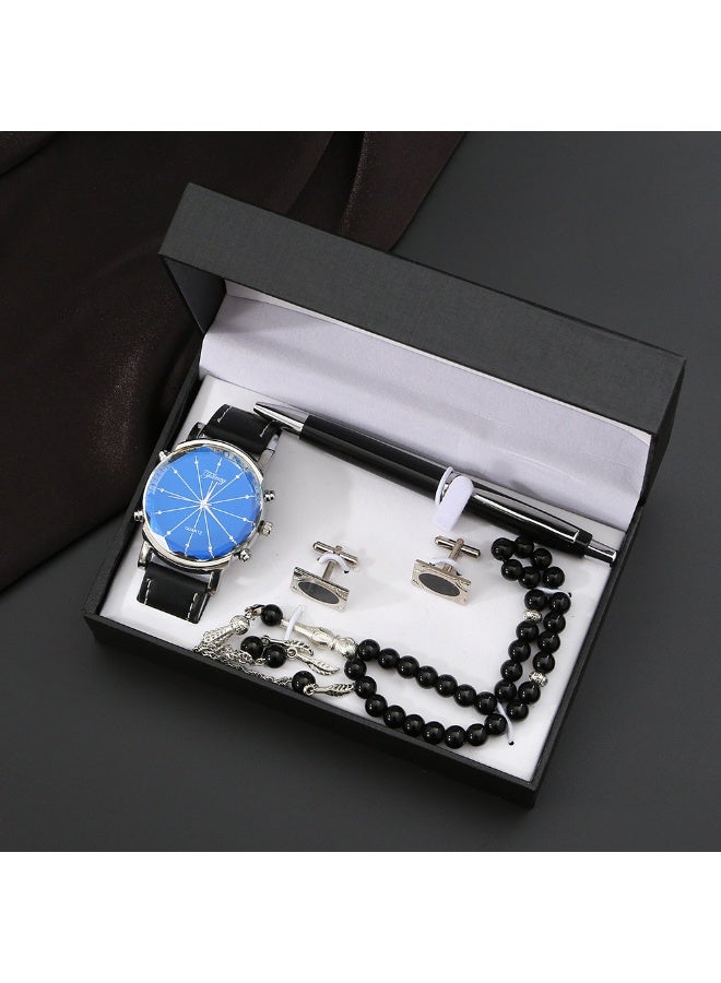 أولودينيز  طقم هدايا كلاسيكي للرجال – ساعة بقرص أزرق، مسبحة سوداء، قلم، وأزرار أكمام فضية في صندوق أسود أنيق - Image 3